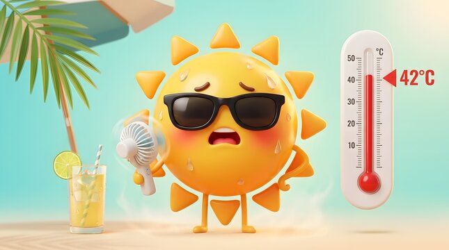 Hot sun character sweating and using a fan with thermometer showing 42 degrees
