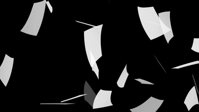 White paper falling from above overlay, black background. Blank paper sheets falling down with luma matte, paper sheets flying and explosion effect. White papers falling down on black background.