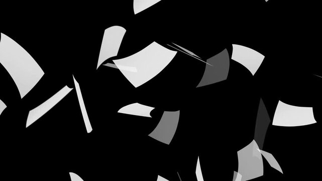 White paper falling from above overlay, black background. Blank paper sheets falling down with luma matte, paper sheets flying and explosion effect. White papers falling down on black background.