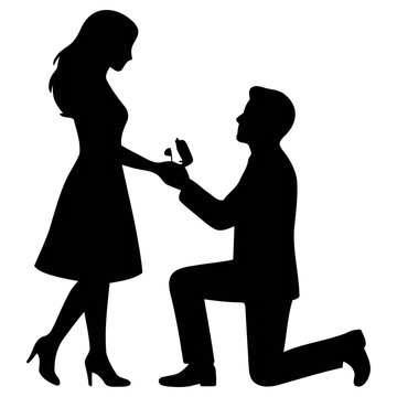 Romantic man kneeling while proposing marriage to his beautiful woman in this elegant and detailed black vector graphic illustration for creative wedding design