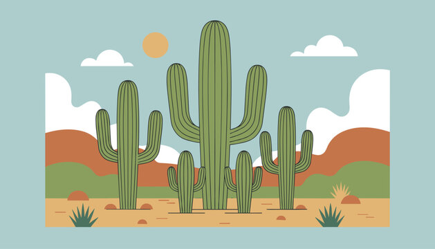 Arid desert landscape scene with several saguaro cacti under the sun and clouds in the sky vector illustration.