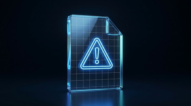 Transparent digital file icon with glowing blue warning symbol inside hovering in dark space representing document error or corrupted data file for technical interface design