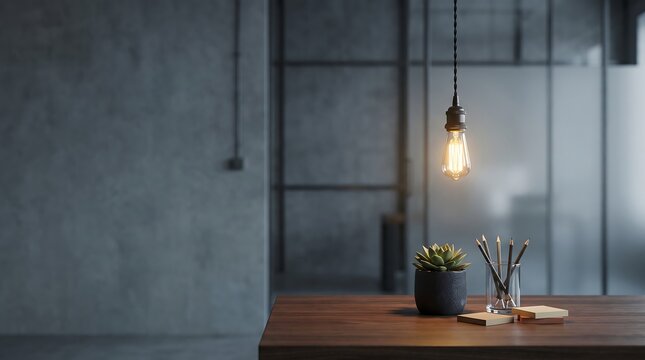 Glowing vintage light bulb hanging over a wooden desk with a small plant and pencils in an office with a modern dark industrial concrete wall background
