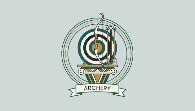 Elegant archery sport emblem featuring colorful target recurve bow arrows and classical greek column on a banner.