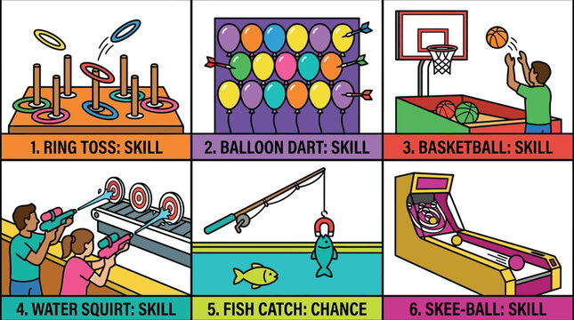 Collection of carnival and arcade game illustrations featuring ring toss balloon dart basketball water squirt fish catch and skeeball for fun and entertainment concepts
