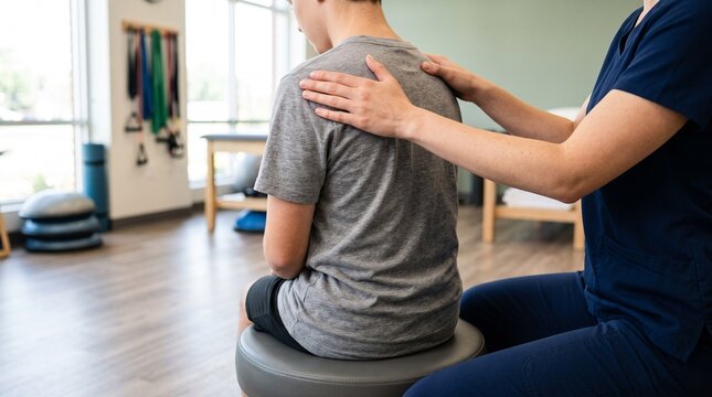 Physical Therapist Examining Shoulders of Male Patient in Clinic