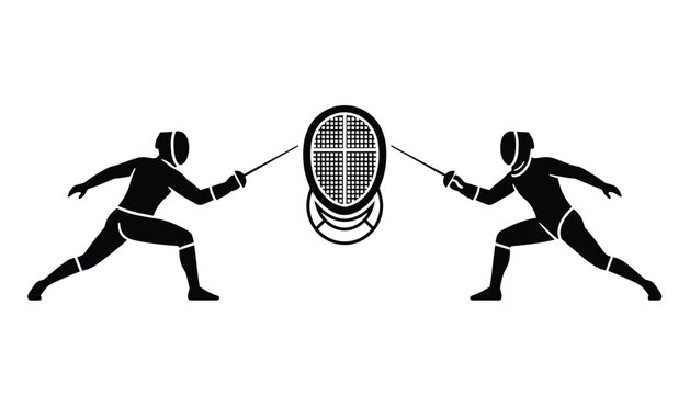 Silhouette of two fencing athletes sparring with epees in front of a protective fencing mask emblem.