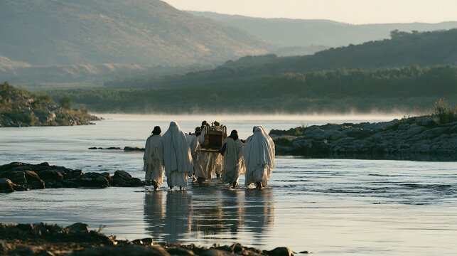 Priests carrying the ark of the covenant through the jordan river at dawn
