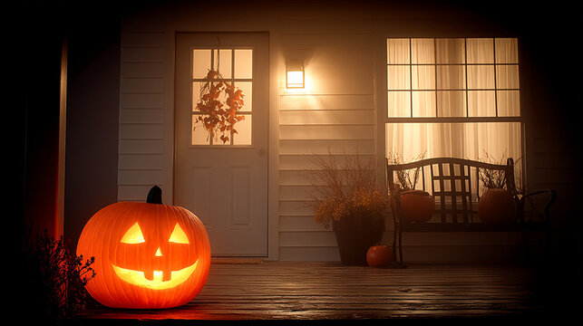 Carved jack o lantern glowing on front porch of house during halloween with halloween decoration