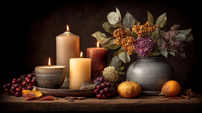 Autumn still life with burning candles grapes and vase on wooden table purple grapes ceramic vase