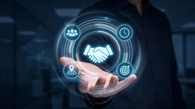 Businessman hand presenting glowing handshake icon surrounded by team management and productivity symbols for corporate partnership and successful business collaboration