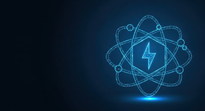 Blue glowing atomic structure with a lightning bolt symbolizing clean energy innovation and technology