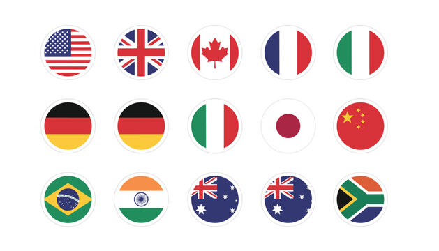Collection of world country flags in circular format arranged in three rows on a plain white background.