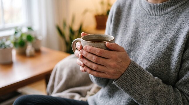 Woman holding ceramic mug with warm drink indoors