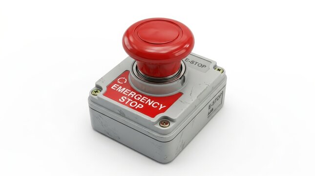 Industrial red emergency stop button on gray box