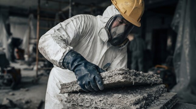 Worker in white hazmat suit and respirator removing hazardous asbestos materials at a construction site for environmental safety and health regulation compliance concept