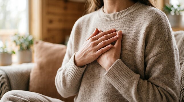 Woman holding hands on chest with gratitude gesture