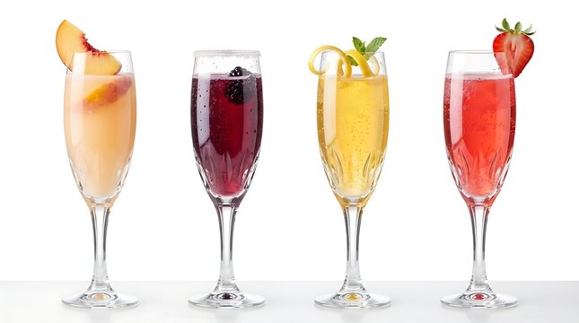 Four different colorful champagne cocktails in tall glasses decorated with fruit isolated on white background