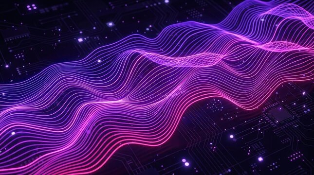 Abstract digital data wave on electronic circuit background
