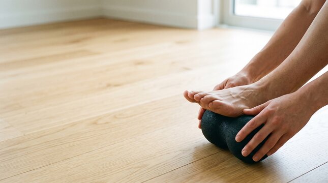 Woman massaging her foot using a small black roller on a wooden floor