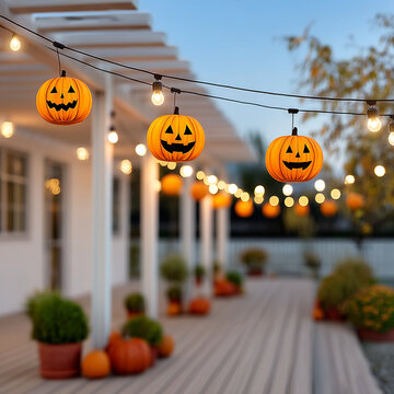 Halloween string lights with glowing jack o lantern pumpkin lanterns hanging on a porch