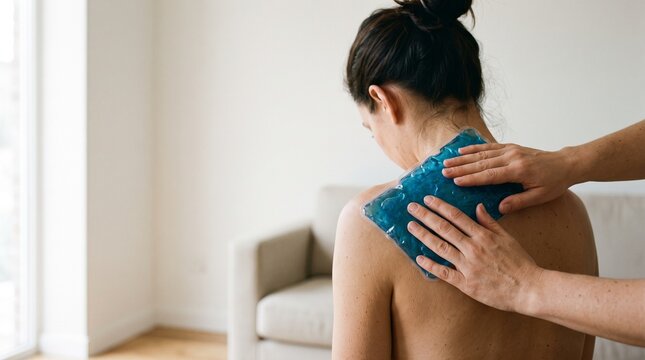 Woman receiving cold therapy on shoulder with blue gel pack at home