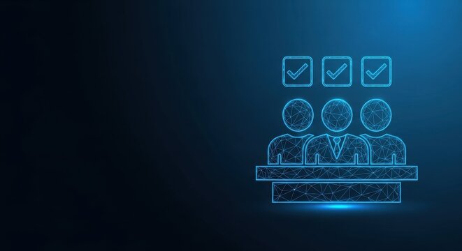 Two figures at a voting booth with checked boxes indicating decisions made in a digital representation of democracy.