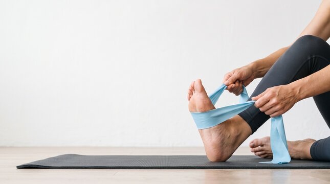 Woman stretching foot with blue resistance band on mat indoors