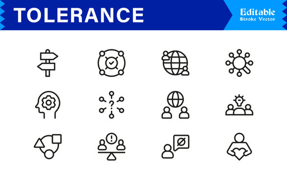 Inspiring Tolerance Line Icon Set with Professional, Minimal, Editable Vector Icons Representing Diversity, Acceptance, and Inclusion, Pixel Perfect Design