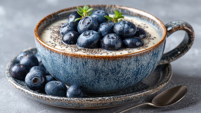 Fresh blueberry smoothie bowl topped with chia seeds and ripe blueberries in a ceramic cup
