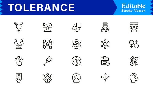 Inspiring Tolerance Line Icon Set with Professional, Minimal, Editable Vector Icons Representing Diversity, Acceptance, and Inclusion, Pixel Perfect Design