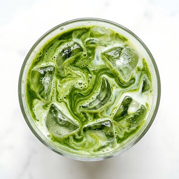 Top view of iced matcha latte with swirled milk and ice cubes, isolated on white background