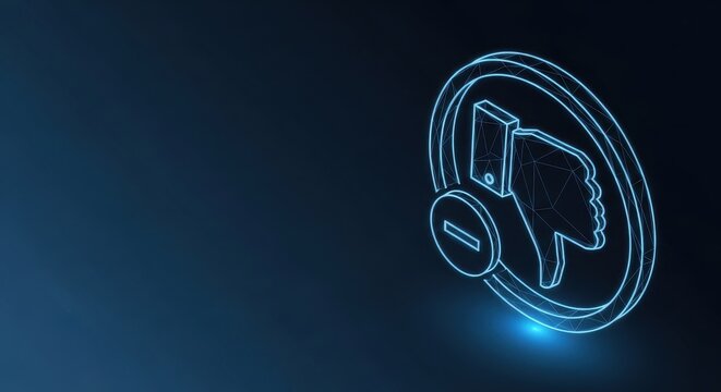 Neon blue outline of a dislike thumbs down symbol glowing on a dark digital background