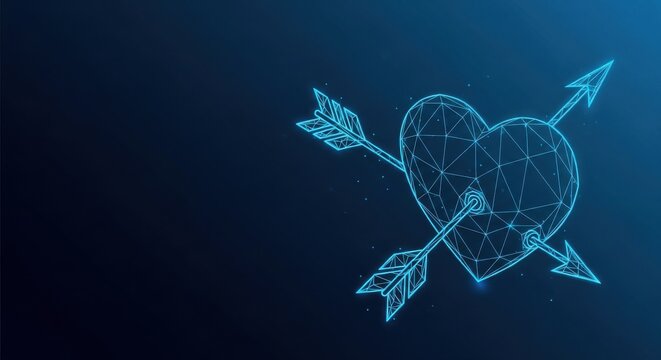 Geometric Heart Pierced by Arrows, Digital Romance Symbol on Dark Blue Background