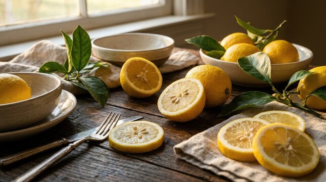 Fresh lemons on rustic wooden table