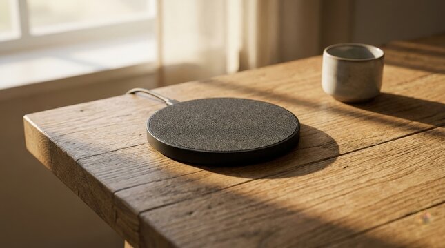Minimalist Wireless Charging Pad on Rustic Wood Desk