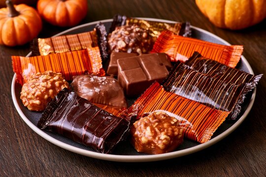 Halloween chocolate candy treats on dark plate with pumpkins