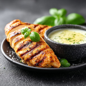 Grilled chicken breast seasoned with herbs alongside creamy garlic dip and basil