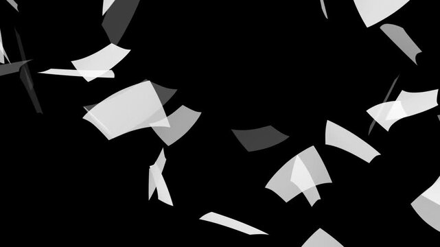 Flying White Paper in the Wind With Luma Matte. Sheets documents falling. Cinematic 3d rendering animation. Bright white papers falling animation on black background. white paper animation black bg.