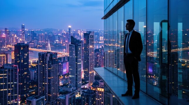 Businessman Looking Over City at Night