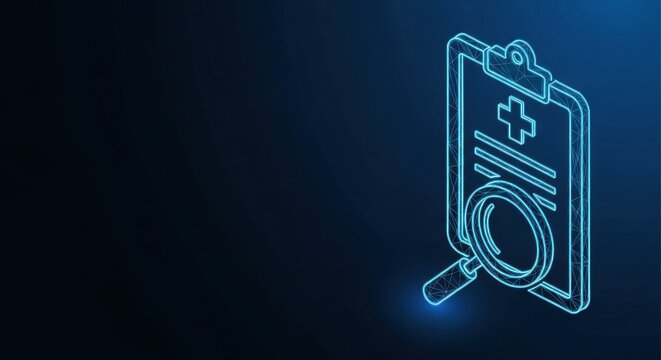 Neon blue magnifying glass over a document, representing research and detailed analysis