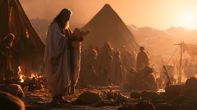 Biblical scene of moses holding stone tablets among his people in a desert encampment at sunset