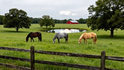 Naklejka premium Three Horses Grazing Peacefully in Lush Green Pasture with Pond and Red Barn