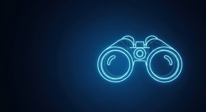 Glowing Neon Blue Binoculars Icon Symbolizing Search and Discovery in the Digital Realm