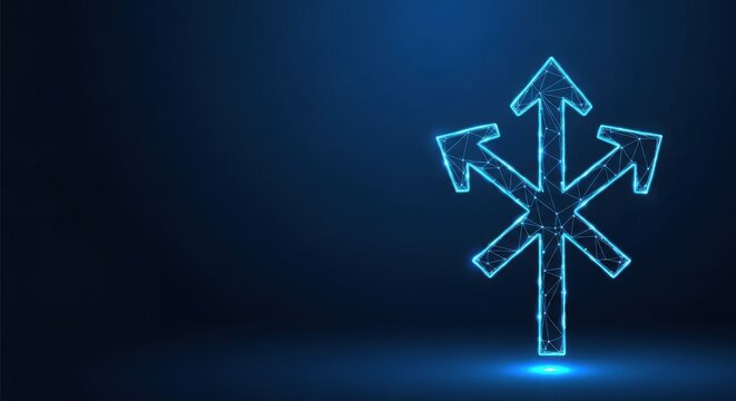 Abstract digital representation of multiple glowing blue arrows diverging in different directions on a dark background, symbolizing choice and decision making