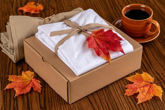 Cardboard box with barcode and autumn maple leaf.