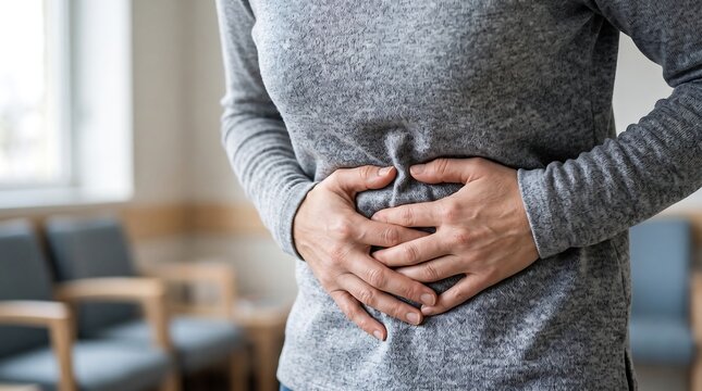 Person holding their stomach with both hands feeling sick and suffering from severe abdominal pain or digestive issues at home inside a living room