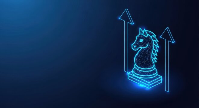 Neon blue chess knight with upward arrow symbolizing strategy and business growth on a dark background