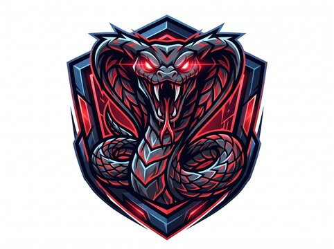 Fierce cobra illustration with glowing red eyes and fangs on a geometric shield background ideal for esports teams or gaming logos, vector isolated on white
