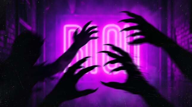 Spooky monster hands with sharp claws reaching in purple light